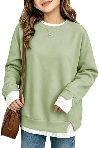 Peacameo Girls Layered Crew Neck Long Sleeve Sweatshirts Drop Shoulder Side Slit Kids Fall Winter School Pullovers 5-14Years Light Green