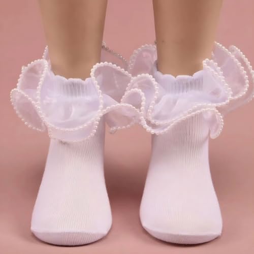 4 Pack Girls Frilly Ruffle Socks Cute Synthetic Pearls Lace Socks for Toddler Little Girls Dress and Daily2