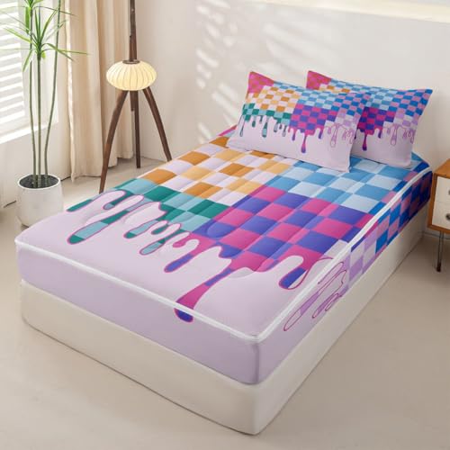 Image of Purple Blue Checkered Zipper Bedding Full - 4 Piece Zip Up Comforter Set with Fitted Sheet & Pillowcases,Durable Bed-in-a-Bag Set Bedding for Kids,Checkerboard Drip Cool Aesthetic Funky Geometric