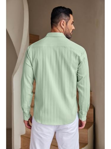 Image of DEELMO Combo of Men's Casual Button Down Shirts Long Sleeve Linen Shirt Fashion Textured Summer Shirts Pack of 2