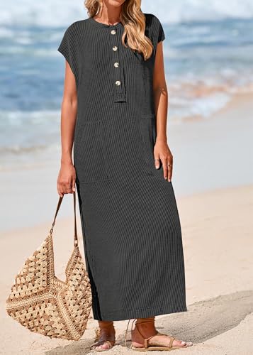 KIRUNDO Womens Summer Dresses Ribbed Knit Henley Short Sleeve Maxi Dress Button Up Loose Slit Beach Vacation Sundress3