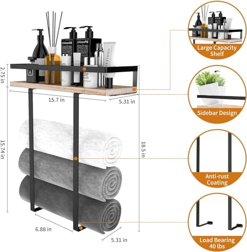 Image of HASTHIP Towel Racks for Bathroom Wall Mounted Metal Towels Holder with Wooden Shelf Folding Large Towels Towel Storage for Small Bathroom Organizer Decor or RV Camping
