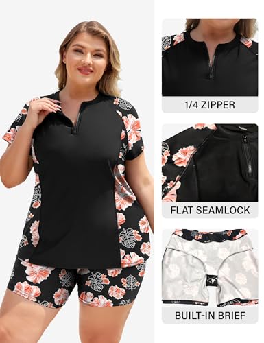 COOTRY Plus Size Two Piece Rash Guard Women Short Sleeve Bathing Suit Zip Up Swimsuit Built in Bra Swim Suit Swimwear Orange Floral 2XL3