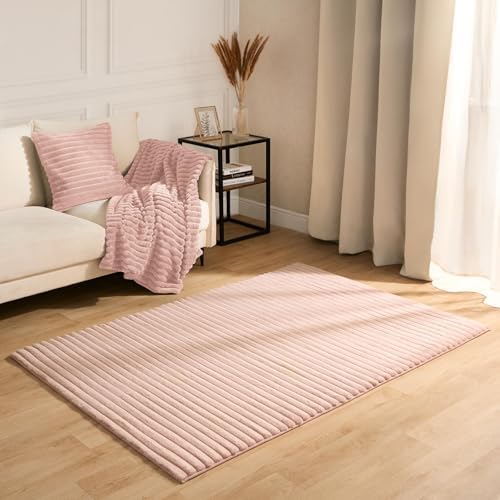 OHS Blush Pink Rug for Bedrooms, Ribbed Faux Fur Area Rugs Decora...