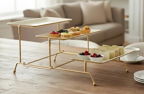 Image of Metal Snacks Organizer Buffet Server Black and White, 3-Tier Metal Serving Tray - Tiered Display Stand for Dessert, Cake Stand for Cake Cutting and Decor