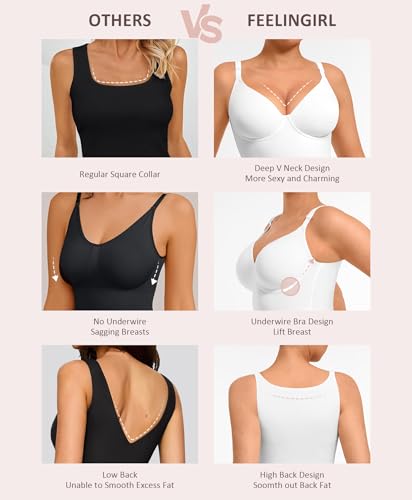 FeelinGirl Shapewear Bodysuits for Women Tummy Control, Thong Body Suit Deep V Neck Corset Top Body Shaper4
