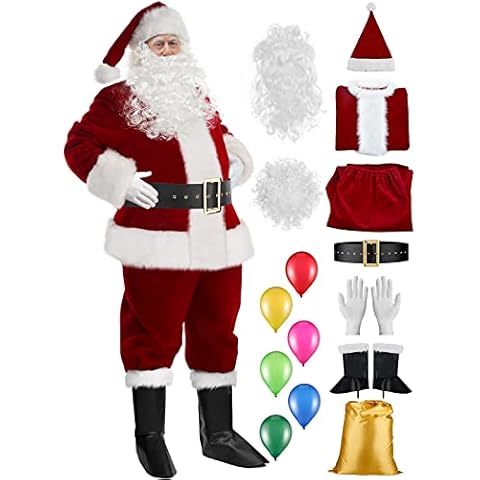 Weihnachtsmann Kostüm Bart Erwachsene Herren Deluxe Plüsch Weihnachtsmann Anzug Outfit Set Cover