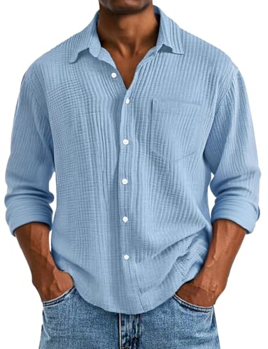 Mokaloha Mens Long Sleeve Shirts, Men's Casual Solid Color Breathable Cotton Pleated Lapel Long-Sleeved Shirt2