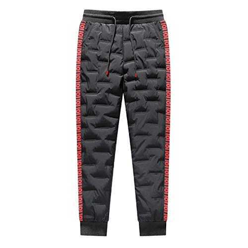 ANUFER Mens Winter Warm Duck Down Filled Snow Pants Water-Resistant Outdoor Sweatpants with Zipper Pockets Black - Red XXL