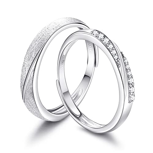 KALVICA Plata de Ley 925 Pareja Anillos de Hombre Mujer 1Par Set Anillos de Circón Adjustable Ancho 3mm 4mm