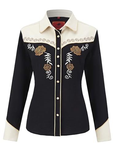 Women's Embroidered Western Cowgirl Snap Button Down Shirt with Stretch Long Sleeve Loose Blouse