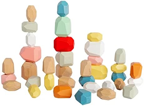 WOODLAND BRAND 36 PCS Wooden Stacking Rocks, Wooden Blocks Balancing Game. Montessori Wooden Balance Rock Block Set, Colorful Wood Building Stones, Colored Educational Stacking Toy for Toddlers, Kids
