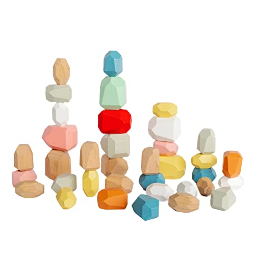 Image of WOODLAND BRAND 36 PCS Wooden Stacking Rocks, Wooden Blocks Balancing Game. Montessori Wooden Balance Rock Block Set, Colorful Wood Building Stones, Colored Educational Stacking Toy for Toddlers, Kids