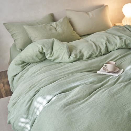 Image of EAVD Solid Mint Green Duvet Cover Queen Soft Breathable 100% Cotton Muslin Linen Like Gauze Comforter Cover with 2 Pillowcases Modern Simple Mint Green Comforter Cover with Zipper Closure