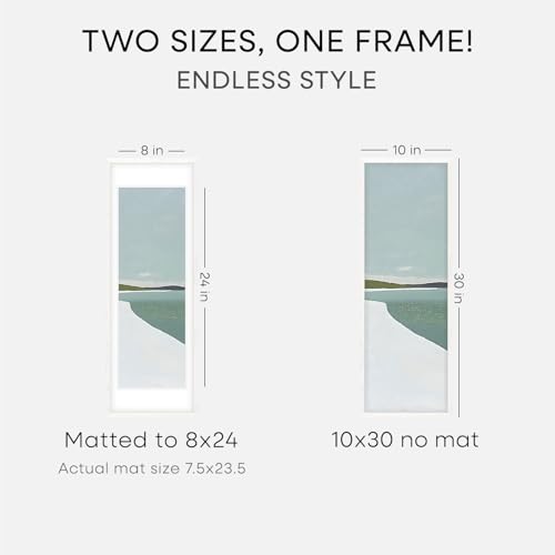 Image of Homeforia 10x30 White Picture Frame, High End Oak 10x30 Wood Poster Frames with Mat 8x24 Print, 10 x 30 White Wooden Frames Matted to 8 by 24, 30x10 Panoramic Frame, Tempered Glass, Wall Kit, Set of 1
