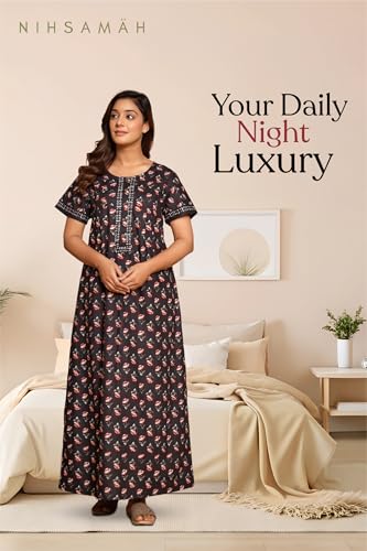 Image of NIHSAMAH Cotton Nighty for Women with Pocket, Premium Printed Long Nighty | Comfortable & Fancy Sleepwear /Nightwear