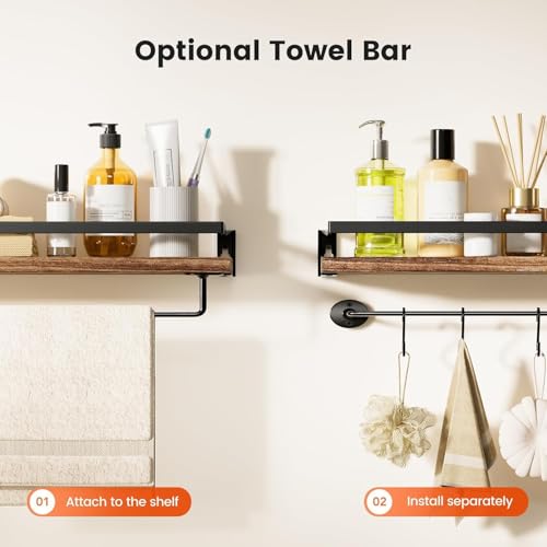 Image of UHUD CRAFTS Set of 2 Bathroom Shelves with Towel Bar, Wall Mount Floating Shelves for Bathroom /Living Room /Kitchen /Bedroom | Dark Burnt Wooden Wall Shelves