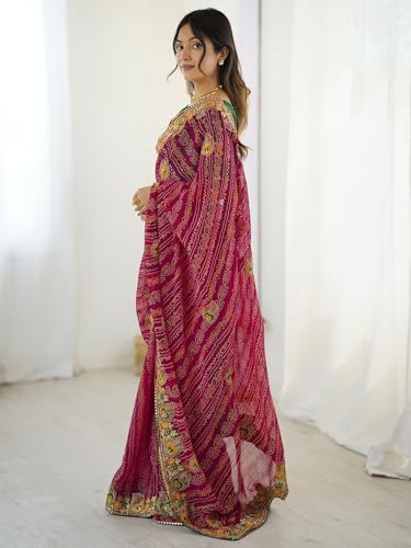 Image of Satrani Women's Georgette Bandhani Printed Embroidered gota lace Saree with Unstitched Blouse Piece