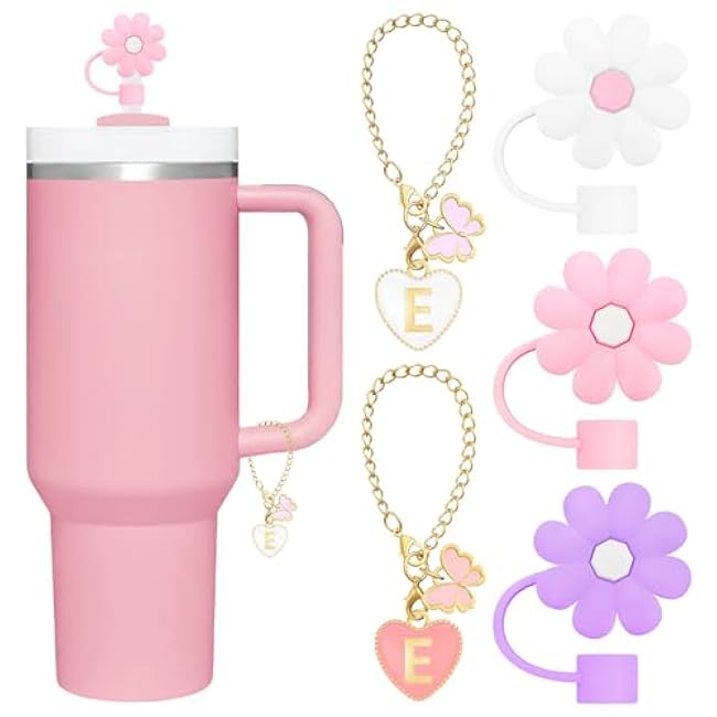 Compatible with Stanley Cup Accessories, Cute Straw Covers Cap with 2 Pcs Letter Charms for Stanley Tumbler