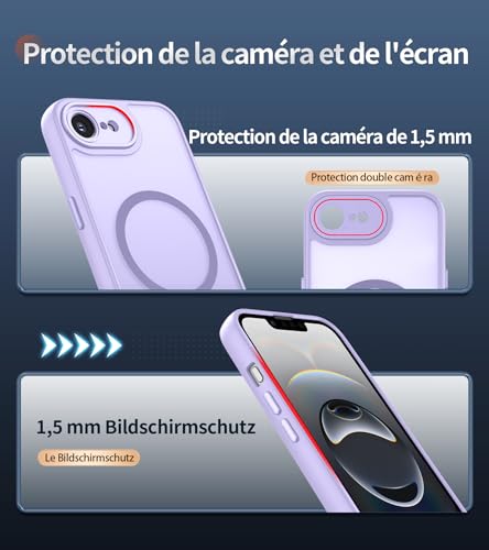 FLLAO Cover Magnetica per iPhone 16e Custodia e 2 Pellicole in Vetro Temperato, Cover iPhone 16e Compatibile con Magsafe, Traslucida Opaca Posteriore Sottile Antiurto Protettiva Case, Viola