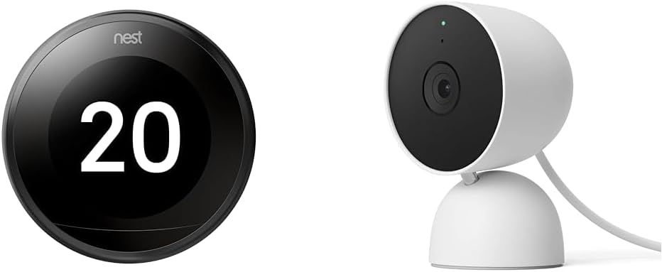 GoogleNest Learning Thermostat 3rd Generation, Black - Smart Thermostat - A Brighter Way To Save Energy & GJQ9T Nest Cam (Indoor, Wired) Security Camera - Smart Home WiFi Camera