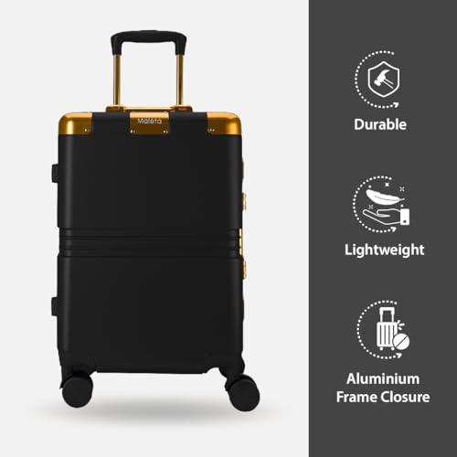 Image of Maleta Gold Series Check-in Medium | 24 inch, Corner Protection| Aluminium Frame | Medium Size Spinner Wheel Hard Side Trolley Bags For Luggage| Suitcase For Travel (Black, Checkin-Medium)