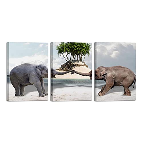 Tableau éléphants plage pour habiller un mur vide avec un triptyque encadré prêt à poser