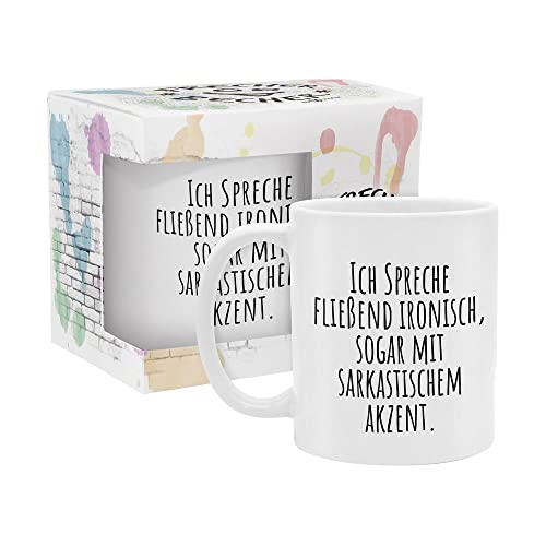 yvolve - Ich spreche fließend Ironisch - Tasse aus Keramik mit lustigem Spruch rundum bedruckt mit Verpackung - Spülmaschinenfest
