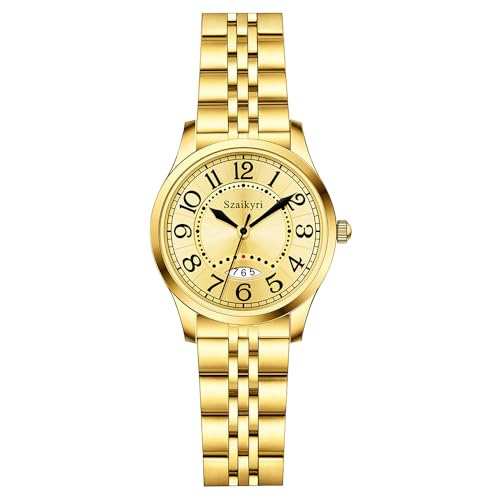 Szaikyri Montre Classique pour Femmes avec Temps Facile à Lire Chiffres Arabes Montres Dames avec Calendrier Résistant à l'eau (Gold)