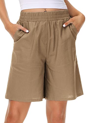 KANCY KOLE Damen Casual Bermuda Shorts Elastische Taille Baumwolle Leinen Shorts mit Taschen, khaki, Mittel Cover