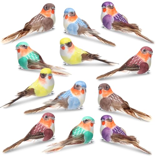 Liliful 12 Pcs Artificial Bird Feathered Birds for Decoration Spring Floral Arrangement Art Craft Fake Realistic Sparrow Bird Ornaments Goldfinch Garden Easter Tree Ornament(Colorful Bird)