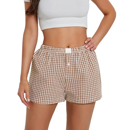 Image of Women Y2k Gingham Boxer Shorts Plaid Striped Cute Mini Bloomers Elastic Waist Loose Fit Summer Shorts