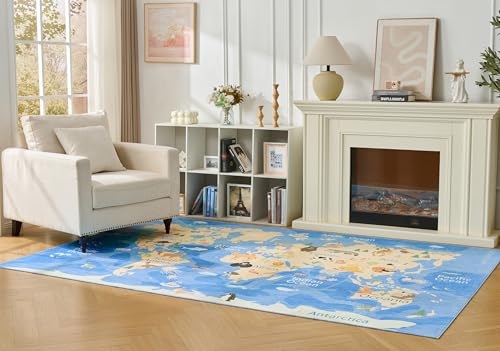 Tapete decorativo lavable mapa mundial azul 5' x 7' miniatura 3