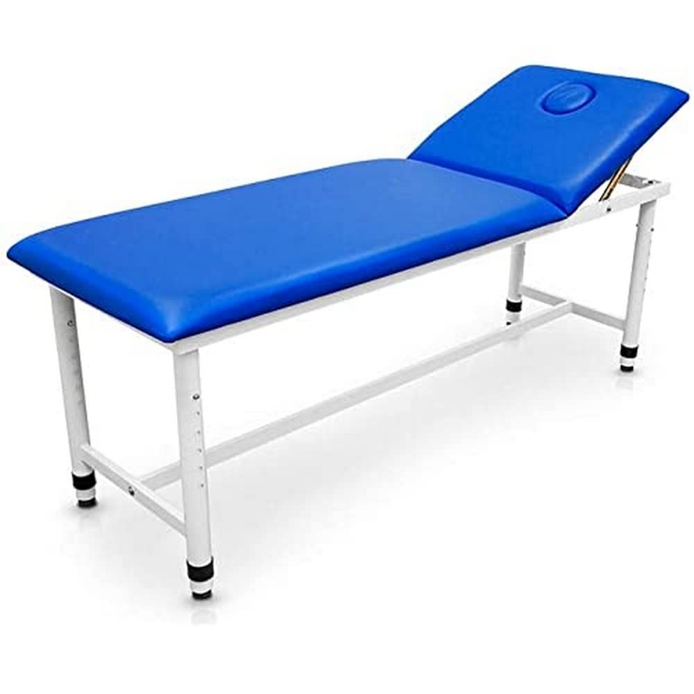 QUIRUMED Camilla Fija, Regulable en Altura, Color Azul, 185 x 62 cm, Acero, Polipiel, Respaldo abatible, Agujero Facial, Patas Ajustable a desniveles del Suelo, hasta 120 kg