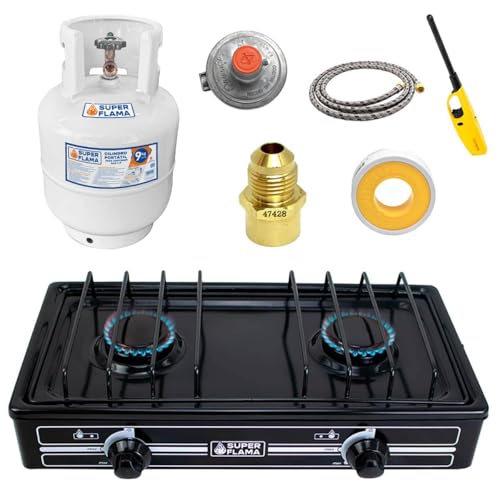 Combo Super Flama DUO FLAMA BLACK, Parrilla 2 Quemadores Color Negro, con Tanque de Gas y Accesorios