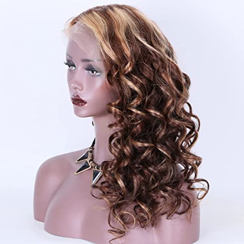 KUN Hair 360 Lace Wigs Pre Plucked Human Hair Wigs for Women 150% Density Bouncy Wave 4/27 Highlight Color 360 Frontal Wigs, Brazilian Remy Loose Body Wave Human Hair Wigs with Baby Hair 14 Inches