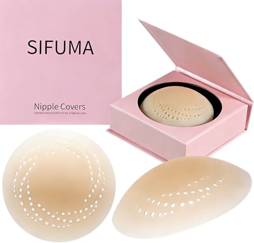 SIFUMA Nipple Cover - Sticky Adhesive Silicone Nipple Pasties - Reusable Pasty Nipple Covers for Women with Travel Box (dark skin tone, 3.15IN)