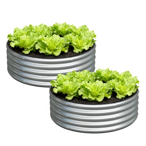 Foxlang 3x3x1ft(2 Pack) Galvanized Round Raised Garden Bed Outdoor Planter Box Metal Patio Kit Planting Bed for Vegetables Flowers Herb Silver