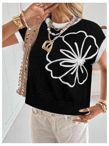 Image of SOLY HUX Women's Short Sleeve Sweater 3D Floral Sweaters Pullover Tank Tops Knit Vest Trendy Fashion Clothing Black White Flower X-Small
