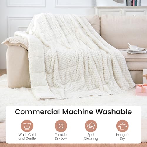 Image of Super Fuzzy Soft Fleece Sherpa Weighted Blanket 15 lbs for Adults, 3D Imitation Turtle Shell Luxury Weighted Throw for Better Sleep, Dual Sided Cozy Blankets for Couch Bed, Cream White, 60 inch x 80 inch