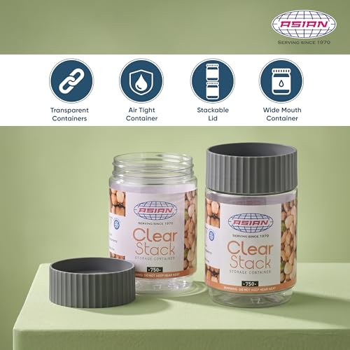 Image of Asian Plastowares - Clear Stack Jar (750ML X 2) | BPA-Free | Multipurpose Jar for Snacks, Pulses, Dry Fruits & Biscuits | Airtight | Food Grade Storage Box | Assorted Colour