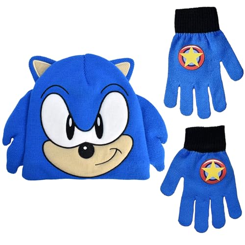 Concept One Jungen Sonic The Hedgehog Set, Kinder Strickmütze Wintermütze und Handschuhe Beanie-Mütze, Stoßstangenhandschuhe, Einheitsgröße (2er Pack)