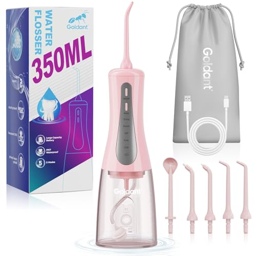 Image of 2026 New 350ML Water Dental Flosser Teeth Pick with Bag, 5 Modes Portable Cordless Oral Irrigator Cleaner, Electric Rechargeable IPX7 Waterproof for Home Travel Teeth Cleaning Flossing (Pink)