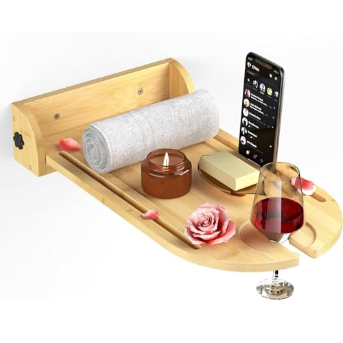 Bandeja de baño de lujo para montaje en pared, bandeja para bañera, mesa de bambú, bandeja de baño para bañera en la pared, regalo de inauguración de casa, nuevo hogar, aniversario, boda (natural)