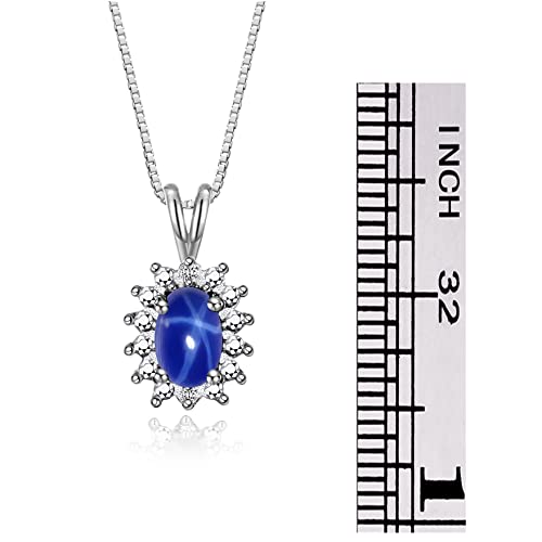 Rylos Necklaces For Women Sterling Silver 925 Halo Pendant With Gemstone & Genuine Diamond Necklace 18" Chain 6X4Mm Blue Star Sapphire September Birthstone Womens Jewelry Silver Necklace For Women #TOP2