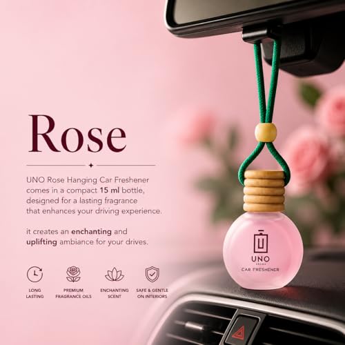 Image of UNO AROMA Rose Car Air Freshener, 15ml, Long Lasting Hanging car perfume, Toxin-Free Oil in Glass Bottle with Wooden Diffuser, Car Accessories for fresh aroma, Last Upto-60 Days