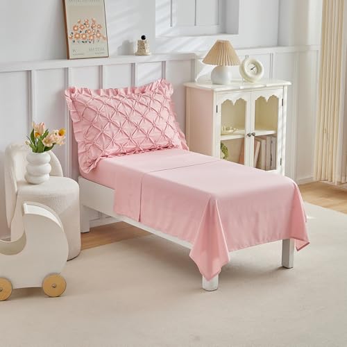 Image of DuShow Princess Toddler Bedding Set for Girls,4 Pieces Ruffles Toddler Bed Set,Ultra Soft Kids Pink Sheet Set Includes Comforter,Flat Sheet,Fitted Sheet and Pillowcase