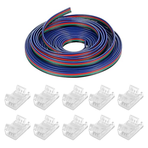 LED Strips Connector Kit 4 broches 10 mm avec 5 m de câble d’extension – Kit sans soudure pour rubans LED SMD 3528/2835/5050/5630, 12 V/24 V RGB – Câble 4 fils flexible pour décoration intérieure