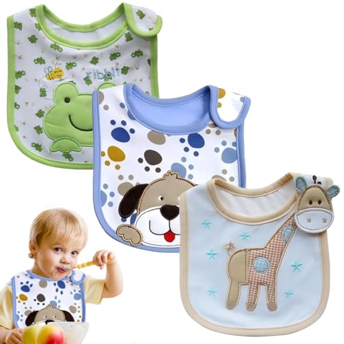 JYNVO Baberos Bebe Baberos Bebe Impermeables 3 Baberos Bebé Impermeables - Rana, Jirafa, Perro - Para Alimentación y Complementos Alimentarios - Delantales de Protección