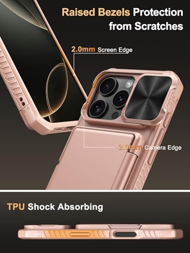 Image of Vihibii for iPhone 16 Pro Case Wallet with Card Holder (4 Cards) [RFID Blocking] & Slide Camera Cover, Military Grade Drop Protection, Rugged Back & Silicone Edge Phone Cover, 6.3 inch 2024, Rose Gold
